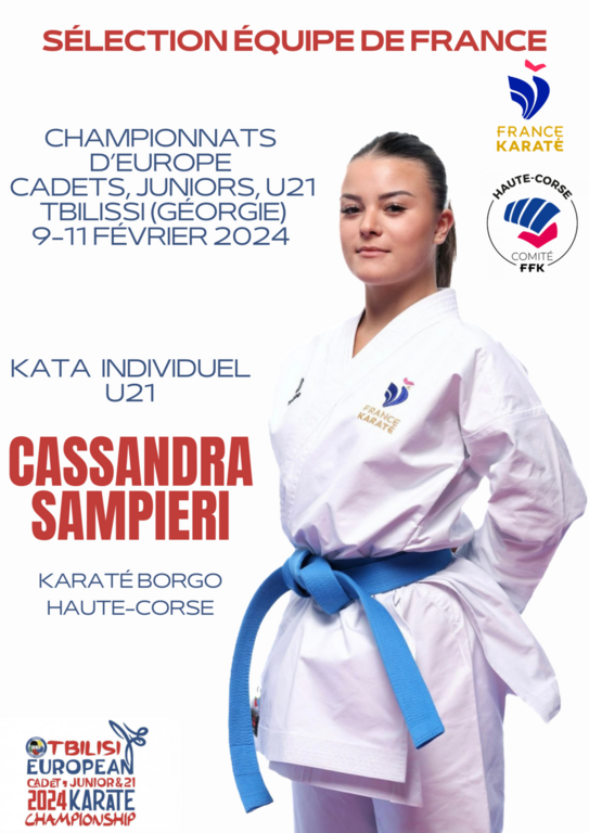 Cassandra Sampieri sélectionnée en équipe de France jeunes pour les prochains championnats d'europe à tbilissi en février 2024